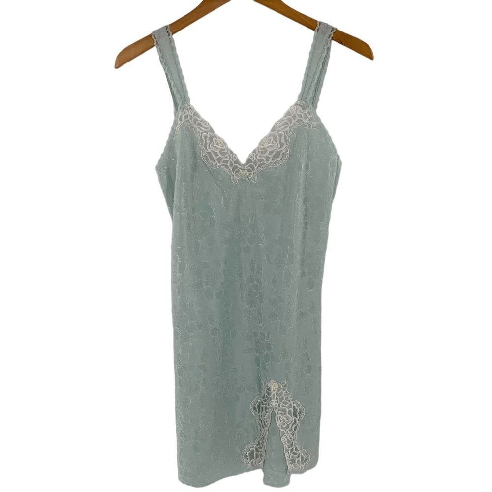 Vintage WACOAL Light Blue Floral Jacquard Satin Chemise Size Small Nightie